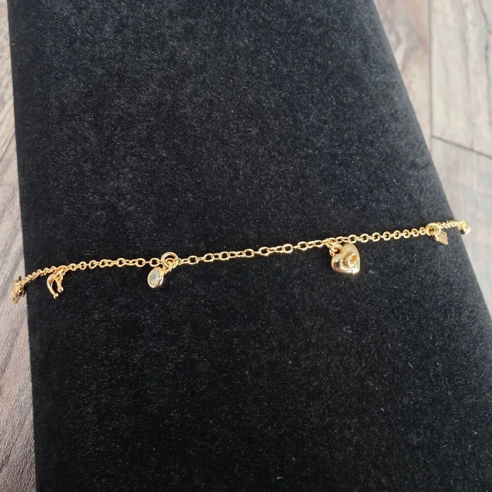 COACH Signature C Charm Bracelet 14K Gold Plated Hangtag Cubic Zirconia Gift New
